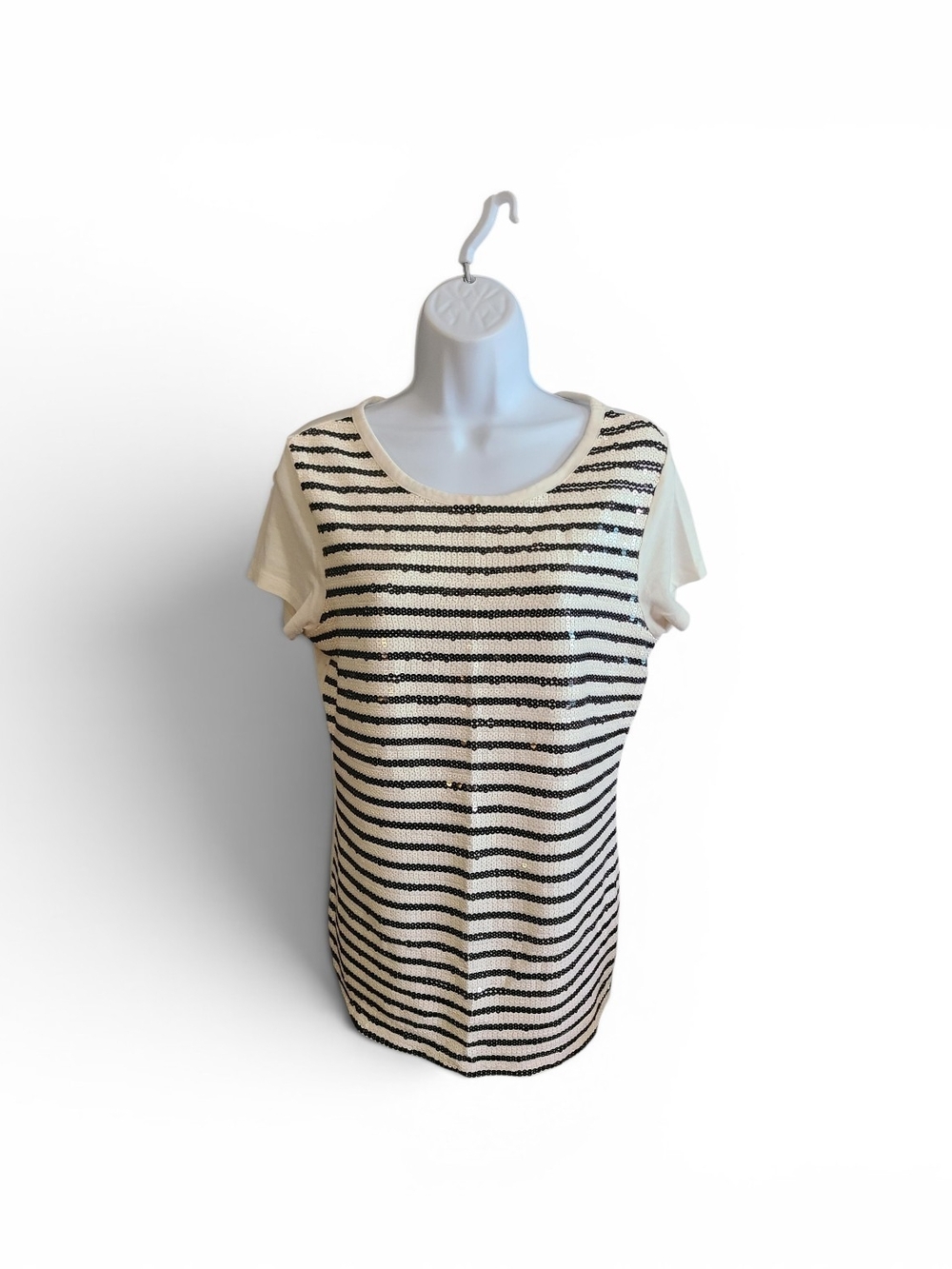 Old Navy Sequinned Bllack and Cream Striped Short Sleeve Tee
